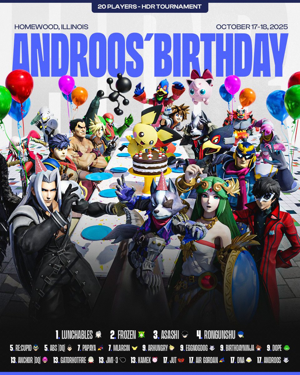 UWBSC_ReCupid's tweet image. Top 20 of Androos’ Birthday Bash - HDR Summit!
Thank you @idarkbay_ for the beautiful birthday party 20 man graphic, and thank you @LunchablesUP again for hosting this wonderful event!