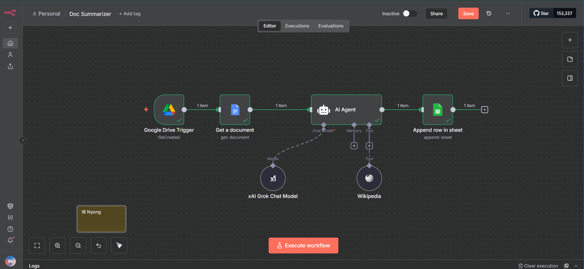 gakenyong's tweet image. This AI Agent summarizes documents by detecting new files added to G.Drive. It uses the Grok 4 Fast Reasoning model to quickly generate clear &amp;amp; concise summaries, save time, reduces errors, &amp;amp; help users efficiently understand &amp;amp; manage large volumes of information.