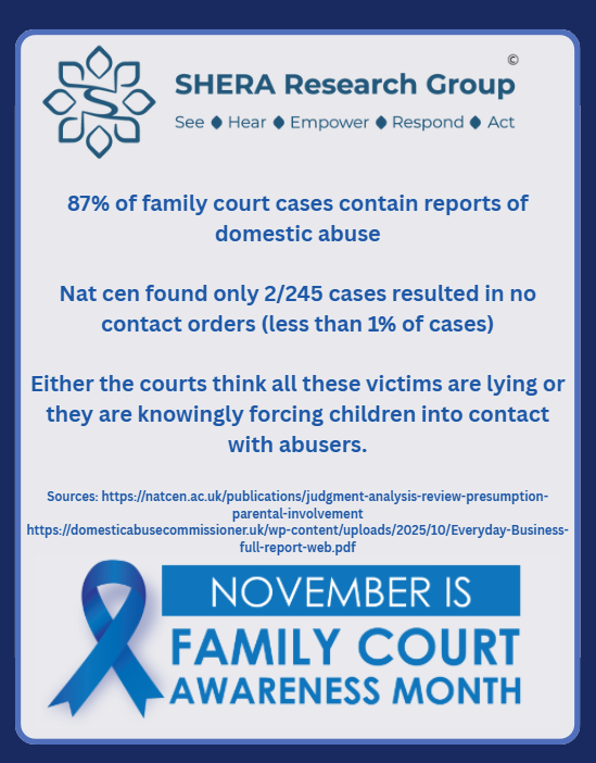 87% of family court cases in E and W contain reports of domestic abuse

Nat cen found only 2/245 cases resulted in no contact orders (less than 1% of cases)

Either the courts think all these victims are lying or they are knowingly forcing children into contact with abusers.