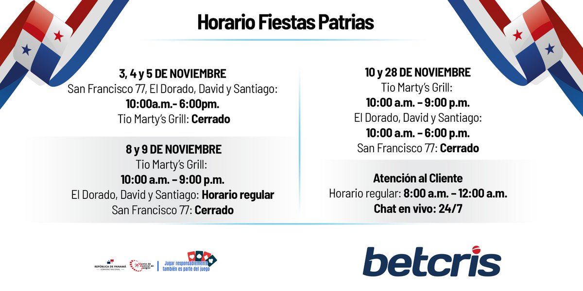 🇵🇦 ¡Celebremos juntos nuestras Fiestas Patrias! 🎉

Consulta aquí nuestro horario especial y visítanos en cualquiera de nuestras sucursales Betcris.