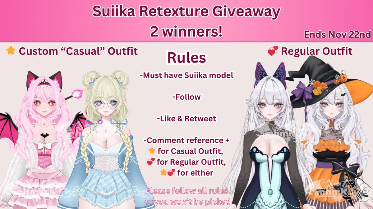 mhmhmKay's tweet image. Hosting another #Suiika Giveaway!

2 winners will receive OUTFIT retextures! Please follow all rules listed below to be eligible. You can choose to enter for one OR both.

Giveaway ends on Nov 22nd, good luck! Read below for more info