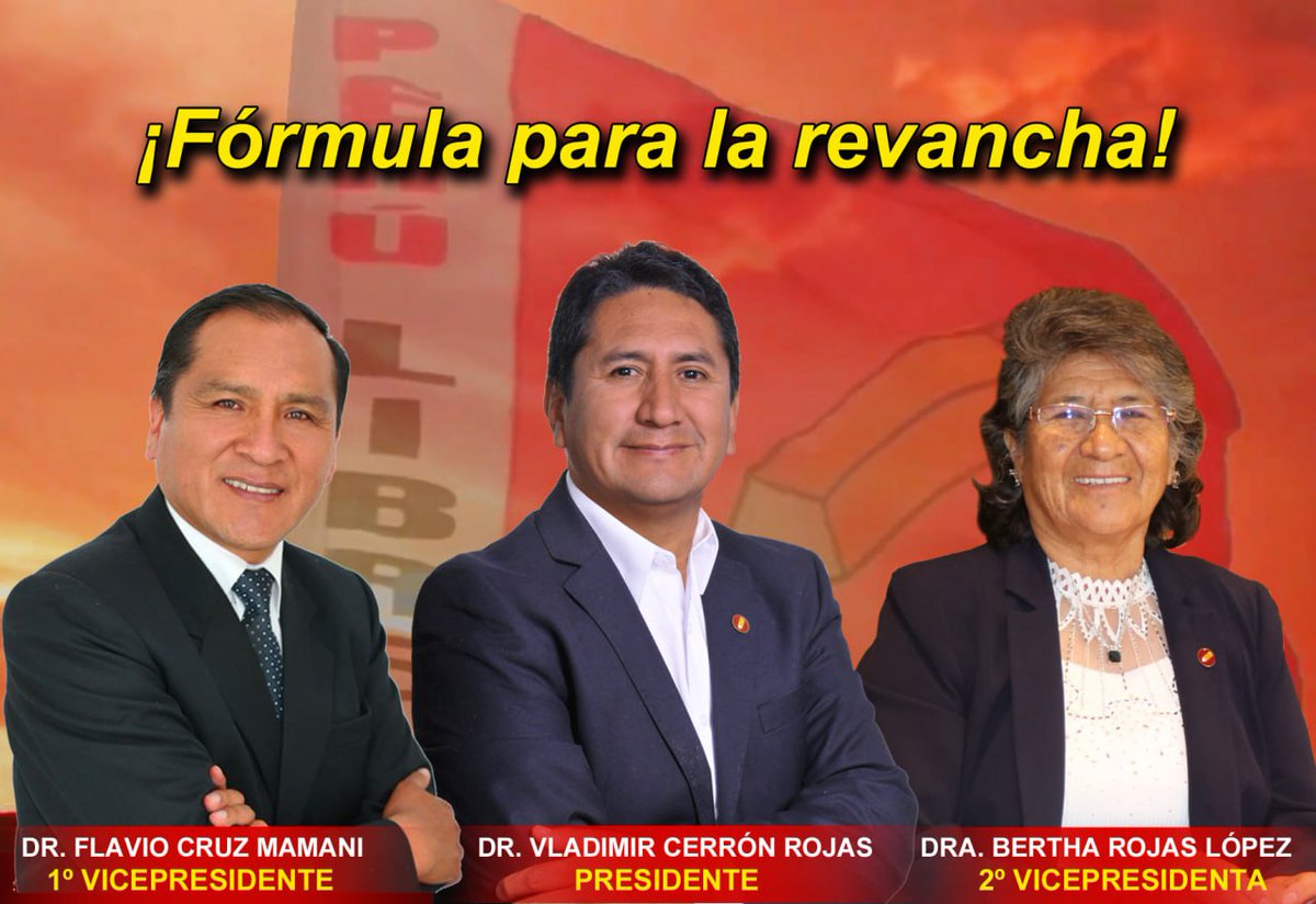 ElizabethTaipe8's tweet image. 📣 #LoÚltimo
Saludo la decisión de mi partido #PerúLibre de presentar públicamente la #FórmulaPresidencial conformada por @VLADIMIR_CERRON, @flaviocruzperu y #BerthaRojas.
Avanzamos con firmeza hacia una Nueva Constitución y por un sistema más justo ¡Vamos por la revancha! 🇵🇪✏️✏️