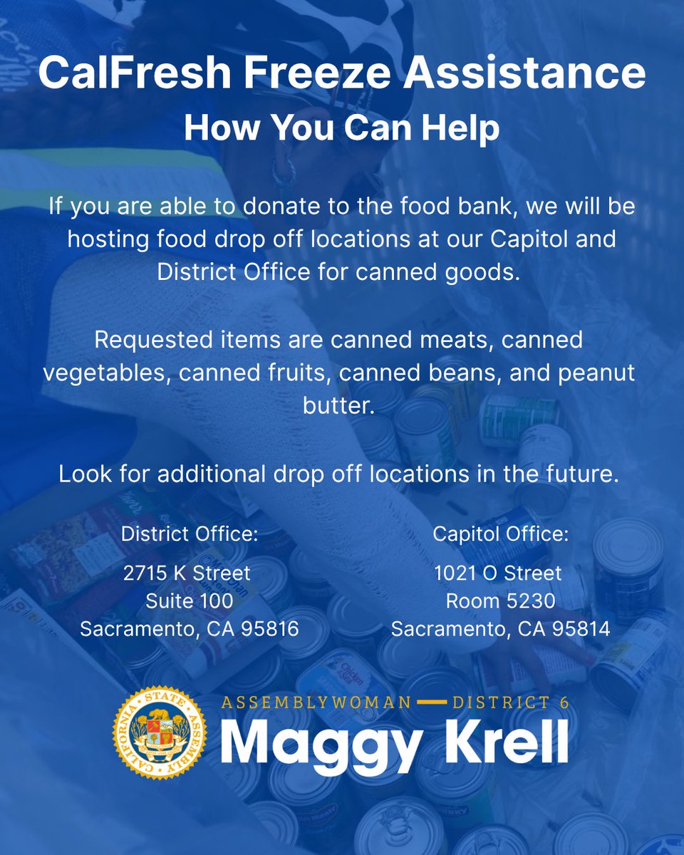 Sharing resources for those in need and ways to donate. Our office is curently collecting canned goods for ⁦⁦<a href="/SacFoodBank/">Sacramento Food Bank & Family Services</a>⁩ and ⁦<a href="/Instacart/">Instacart</a>⁩ is offering a 50% discount to SNAP recipients: