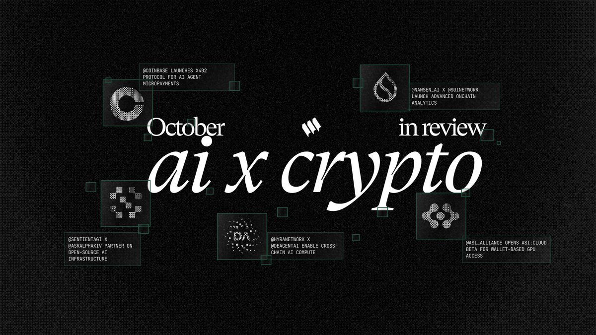 미라네트워크 @miranetwork 10월은 AI x Crypto에 있어서 엄청난 한 달이었습니다. 우리가 주목하고 있는 모든 뉴스는  다음과 같습니다. 주요 헤드라인: 1. coinbase AI 에이전트 소액결제를 위한 x402 프로토콜 출시 2.  ASI_Alliance 지갑 기반