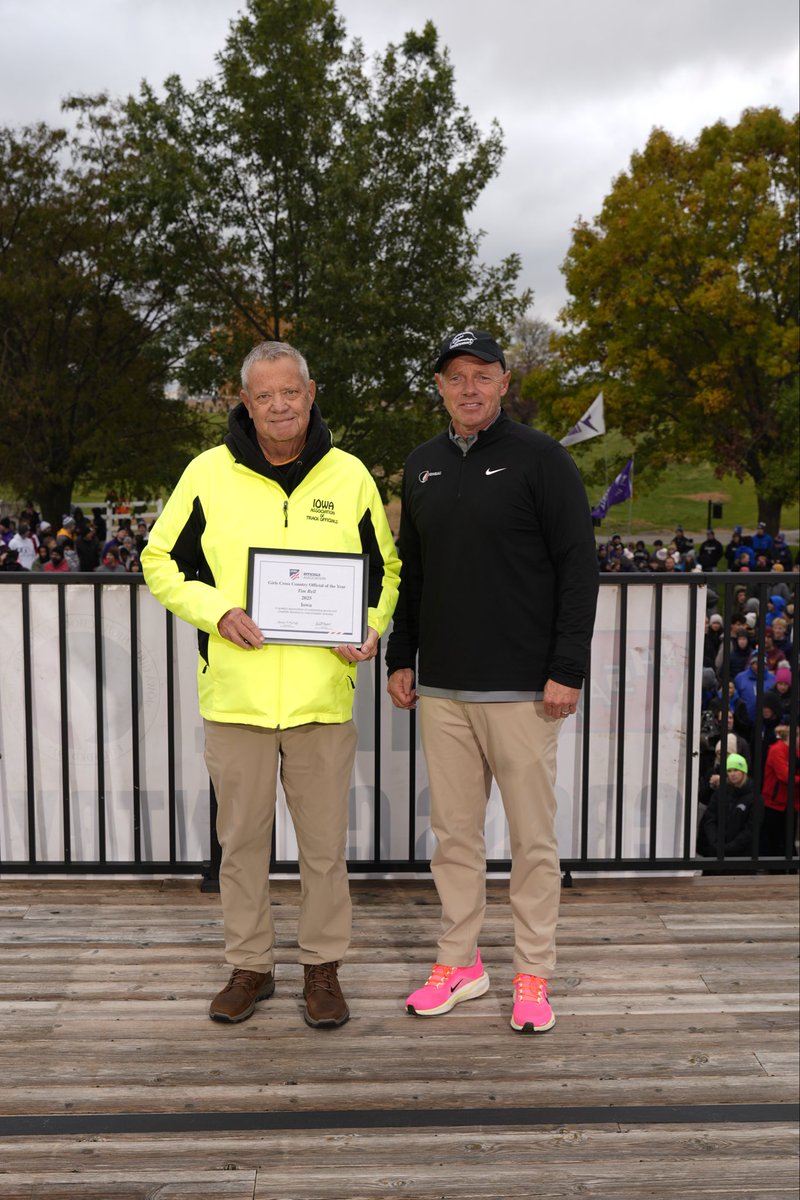 IGHSAU's tweet photo. Every year, the NFHS honors outstanding officials from each state in their respective sports. This year’s recipient in Girls’ Cross Country is Tim Bell of Marshalltown. Tim has dedicated more than three decades to the sport of cross country, first as a coach and later as an official. 

Congratulations Tim! 

2025 State Cross Country Meet presented by @IowaFarmBureau 

#IGHSAU #IowaGirl #StateCrossCountry