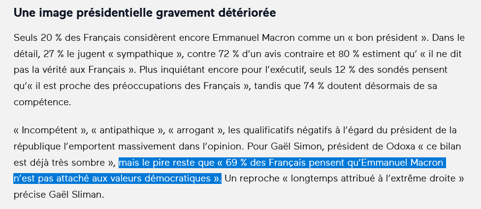 « 69 % des Français pensent qu’Emmanuel Macron n’est pas attaché aux valeurs démocratiques ». 
Qui l'eût cru ?
#MacronDémission #Budget2026