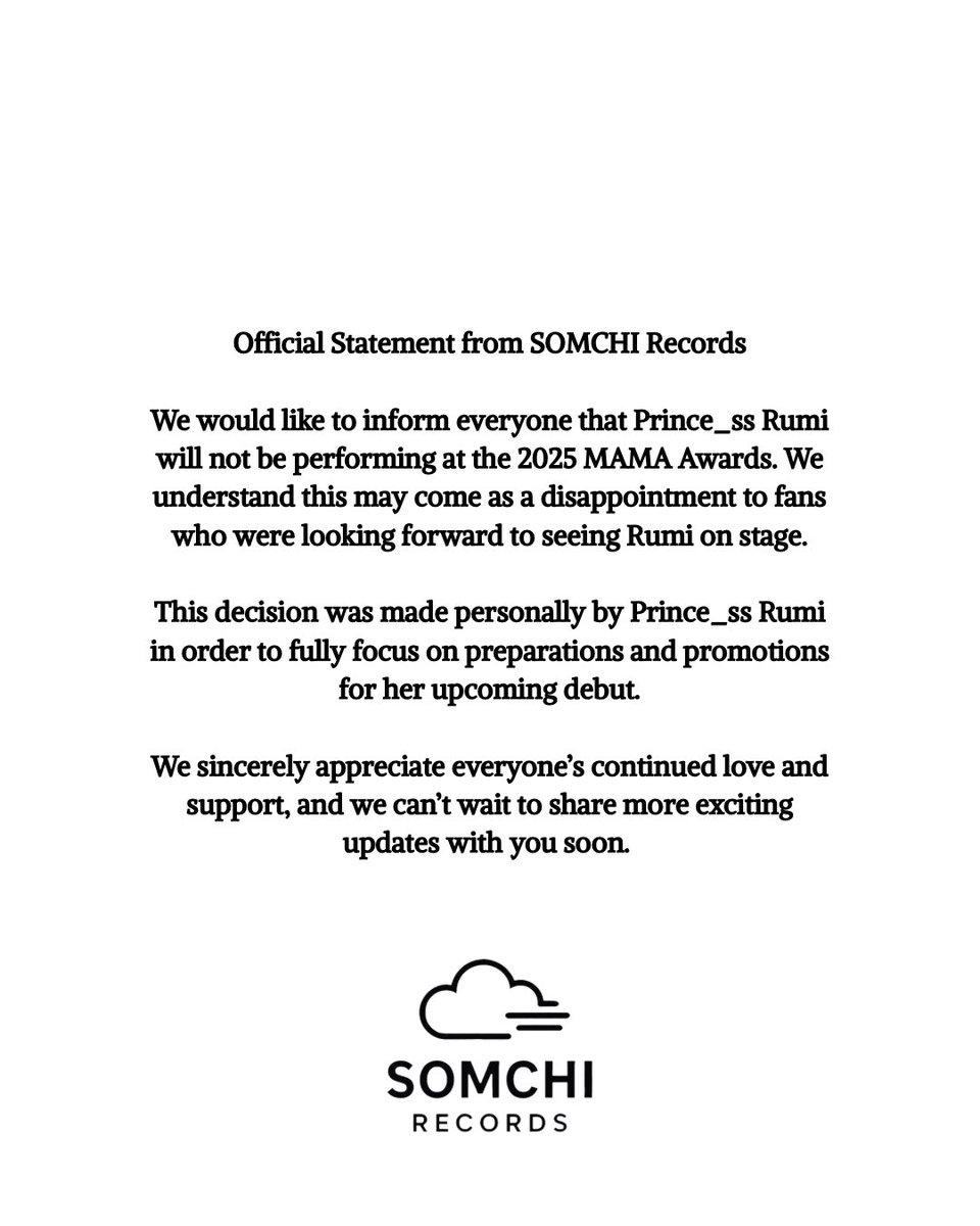 prince_ss_rumi's tweet image. Official Statement from SOMCHI Records #Me_yunarve #MAMA2025