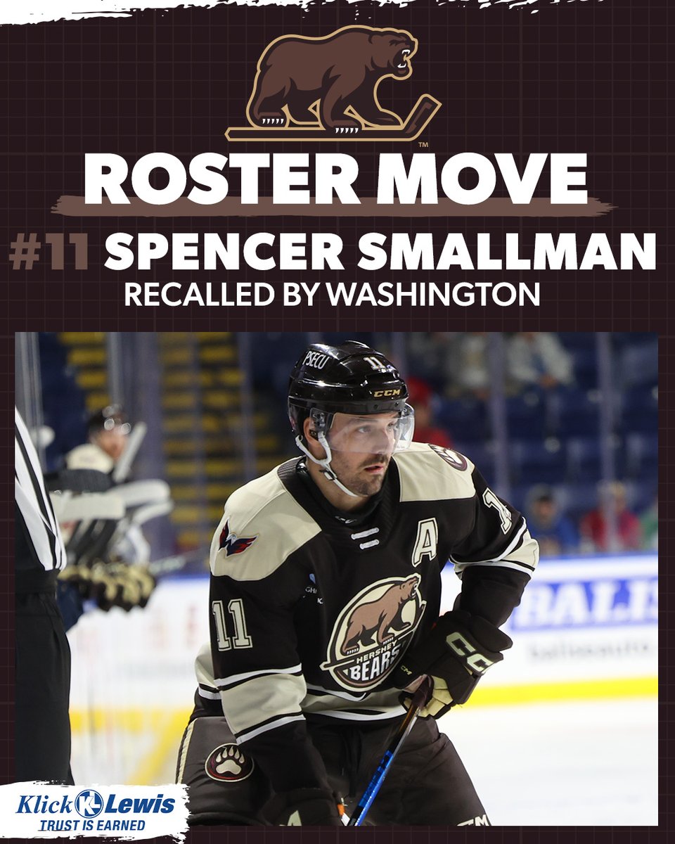 TheHersheyBears's tweet image. The @Capitals have recalled forward Spencer Smallman from Hershey. Congratulations, Smalls! 

📰 bit.ly/4okR6fC

Klick Lewis | Players on the Move