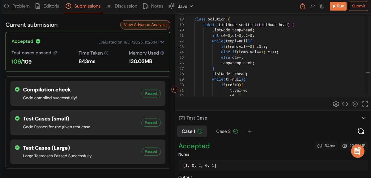 rajeshboya89's tweet image. Day 20 – #TUFWinterArc ❄️

Solved Sort a Linked List of 0s, 1s &amp;amp; 2s 🔢
Good practice for node manipulation &amp;amp; pointer logic! 

@takeUforward_  @striver_79 
#TakeUForward #TUF #DSA #LinkedList #Coding