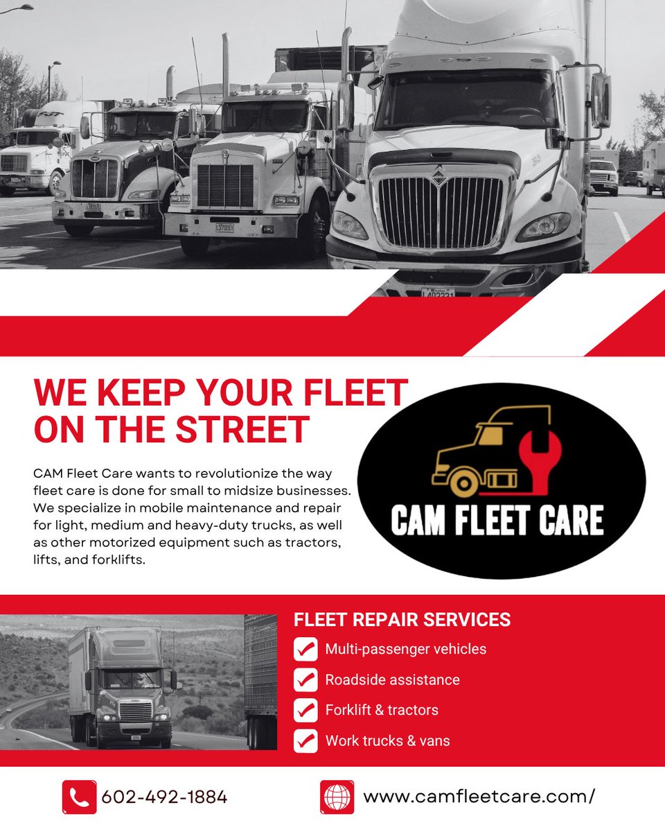 🚛 Keep your fleet rolling and your business thriving with CAM Fleet Care! From light-duty vans to heavy-duty tractors and equipment, their certified technicians in Phoenix handle everything—on-site or in-shop.