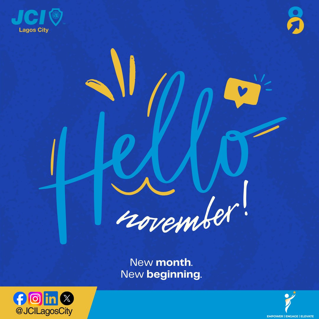 Hello November!

A fresh chapter &amp; a renewed opportunity to create meaningful impact. At JCI Lagos City, we step into November with purpose, energy &amp; the commitment to finish the year strong.

Let’s make every moment count &amp; continue to empower, engage &amp; elevate together.