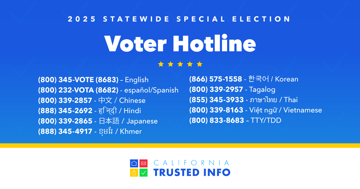 trybe's tweet image. Questions? Contact the election experts working our Voter Hotline. We are available from 8 a.m. to 5 p.m. before Election Day &amp;amp; from 7 a.m. to 8 p.m. on Election Day. Call now: (800) 345-8683. #CATrustedInfo2025
#VoteCalifornia