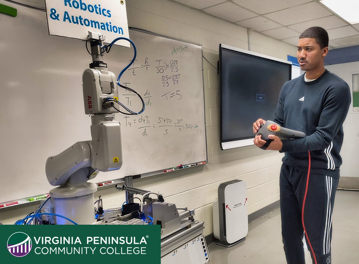 Here are students Cayden (in the VPCC hat) and Brandon from a ETR 177 - Industrial Robotics and Robotics Programming class. They are demonstrating how to “jog” a robot. “Jogging” is the process of manually moving a robot in small, precise increments. #mechatronics #vpccva