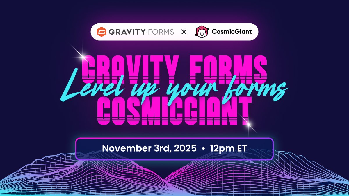 gravityforms's tweet image. We’re going live with @CosmicGiantWPto talk innovation, releases, and what’s next.
Plus details on their Black Friday sale and how to enter our Black Friday giveaway.
🎥 Save your spot: gravityfor.ms/4qK4ED0