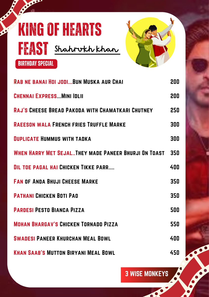 SRKUniverse's tweet photo. Because even our menu celebrates the King! ๐ SRK Day specials served with love and charm! #3WiseMonkeys
HBD BIGGEST MEGASTAR EVER
@iamsrk
#HappyBirthdaySRK
#SRKDay #KingKhan #King #SRKDay2025 #GlobalStar #SRKUniverse #ONLYONEKING #SRK https://t.co/r37ToElaod