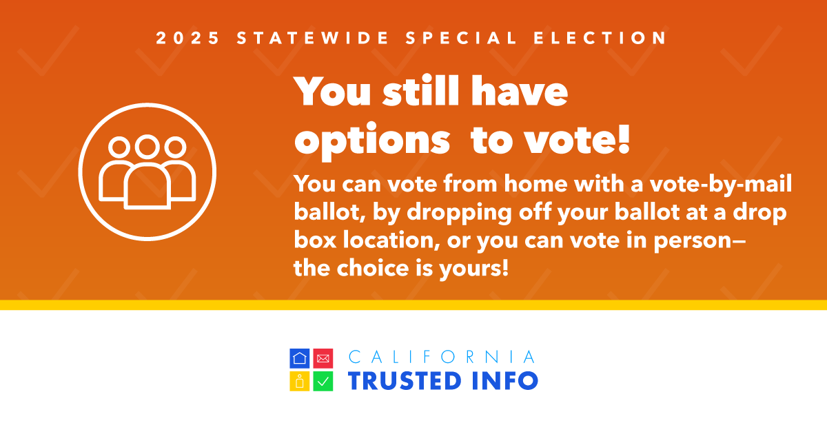 trybe's tweet image. You still have options - drop off your ballot at a drop box or bring it with you to an early voting location CAEarlyVoting.sos.ca.gov!
#CATrustedInfo2025