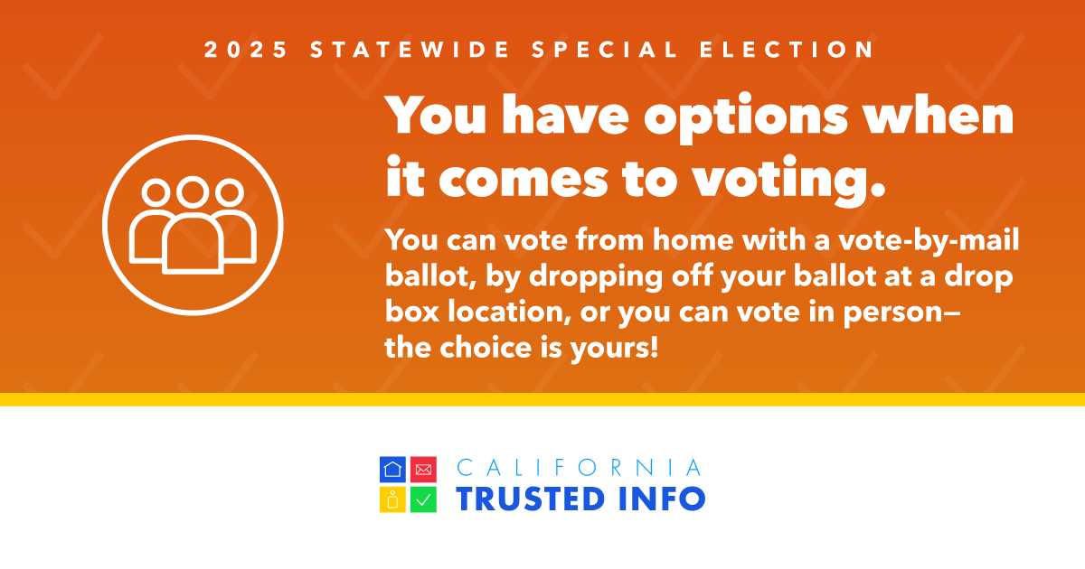 trybe's tweet image. If you have your vote-by-mail ballot, put it in a drop box or bring it with you to your voting location. #MoreWaysMoreDays Voting in person? Find your polling location here: FindMyPollingPlace.sos.ca.gov.
#CATrustedInfo2025 #VoteCalifornia
