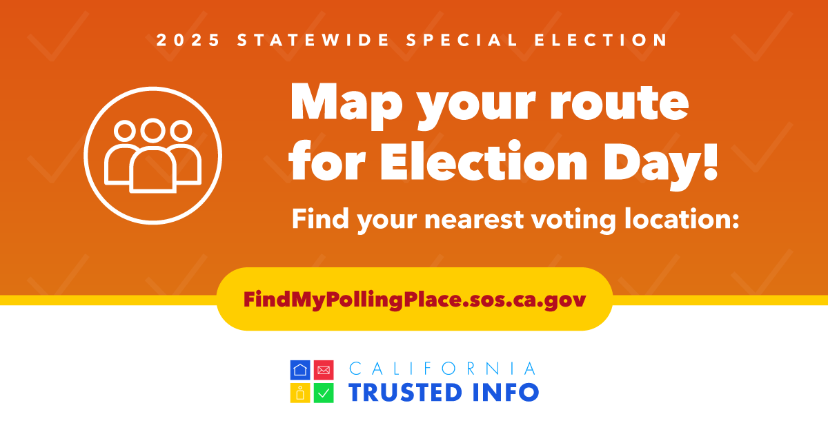 trybe's tweet image. Election Day is TOMORROW. If you haven’t already, make a #PlanToVote and find your polling place! FindMyPollingPlace.sos.ca.gov. #CATrustedInfo2025
#VoteCalifornia
