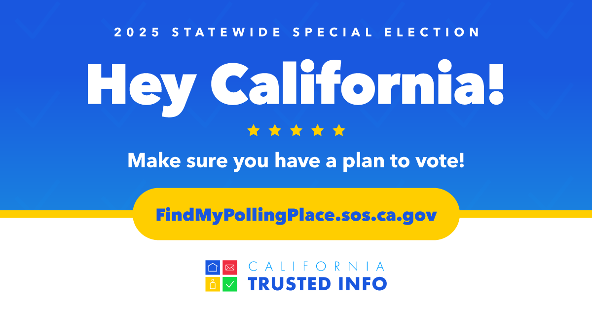 trybe's tweet image. Tomorrow is Election Day for the #2025SpecialElection. Polls open at 7 a.m. across California and will be open until 8 p.m. Remember you have rights as a voter, including a secret ballot and the right to vote if you’re in line by 8 p.m. #PlanToVote at FindMyPollingPlace.sos.ca.gov