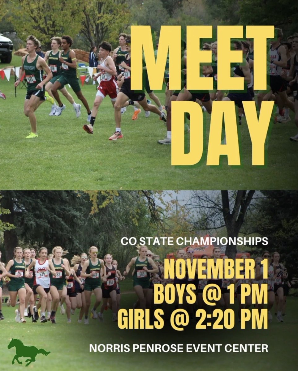 ManitouMustangs's tweet image. Good luck to our Boys and Girls Cross Country team today as they travel to the Norris Penrose Event Center to compete in the State Championships! Bring home some hardware, Mustangs! #servetheM