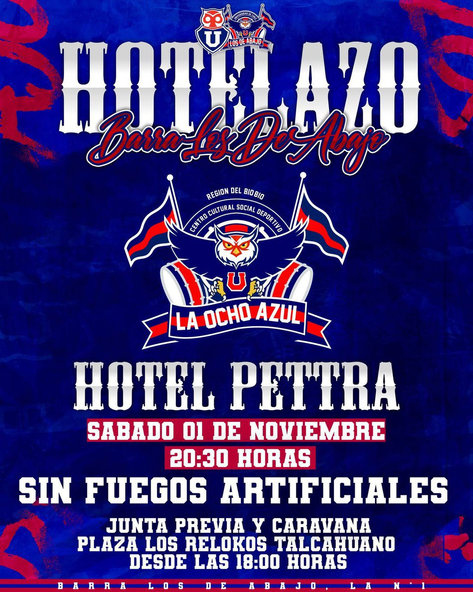 HOTELAZO 20:30 HORAS
SÁBADO 01 DE NOVIEMBRE 
HOTEL PETTRA FRENTE AL 
MALL DEL TRÉBOL

PREVIA, JUNTA Y CARAVANA 
DESDE LAS 18:00 HORAS
PLAZA DE LOS RELOKOS TALCAHUANO. 

HACEMOS EL LLAMADO A NO PRENDER FUEGOS ARTIFICIALES
ESTE ÚLTIMO PENSANDO SIEMPRE EN LAS FAMILIAS &amp; NIÑOS.