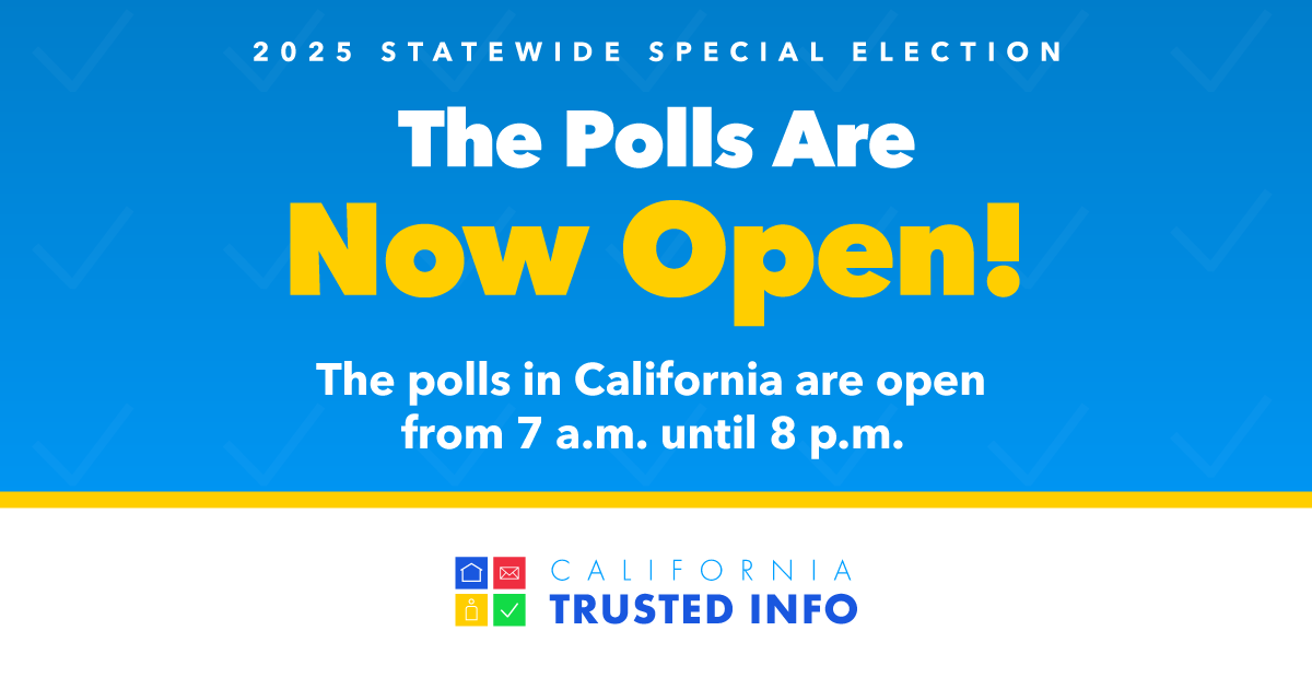 trybe's tweet image. The Polls are OPEN! The polls in California for the #2025SpecialElection will be open until 8 p.m. tonight. Find all your relevant election information at Vote.ca.gov. If you have any issues at the polls, contact our voter hotline at (800) 345-VOTE (8683).