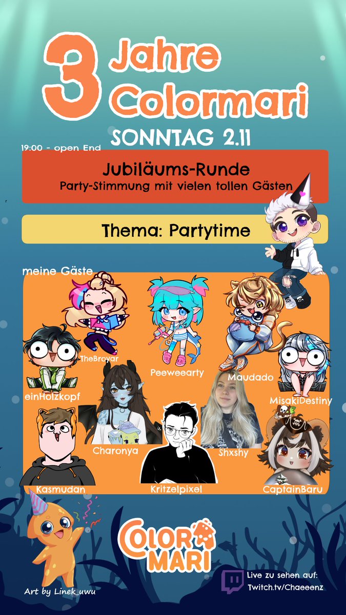 Jubiläums-Tag 2 

Das große Main Event des 3-jährigen Geburtstags 

Live ab 18:30 hier twitch.tv/chaeeenz

mit dabei: 
<a href="/PeeweeArt/">Peewee</a> 
<a href="/TheBroyar/">Caro 🌸</a> 
<a href="/Captain_Baru/">Captain Baru | Pirate Vtuber 🏴‍☠️🏝️</a> 
<a href="/maudado/">Maudado✨</a> 
<a href="/ein_Holzkopf/">holzi</a> 
<a href="/KasmudanEpic/">Kasmudan</a> 
<a href="/Charonya_/">𓆩𝗖𝗵𝗮𝗿𝗼𝗻𝘆𝗮𓆪 || GerVtuber ||</a> 
<a href="/Shxshy1/">Shoschy</a> 
<a href="/kritzel_pixel/">KritzelPixel</a> 
<a href="/_MisakiDestiny_/">Misaki Destiny | ANINITE VIENNA 2025</a>
