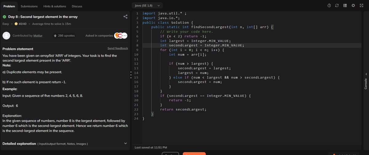 rituu_09's tweet image. Day 305 of 2025:                          
👩‍💻 Code to Crack Companies!     
🧩 Q9: Print Fibonacci Series up to N
🧩 Q10: Find Second Largest Element in an Array
#CodingJourney #PlacementPrep #2025Goals #leetcode #letsconnect