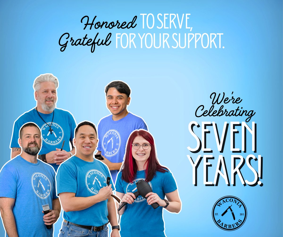 November 3, 2025 marks our seven-year anniversary of business! We are so blessed to have made it to this milestone with the loyalty and support of our beloved community. We hope to see you on Monday to help us celebrate! Book your appointment today at waconiabarbers.com!