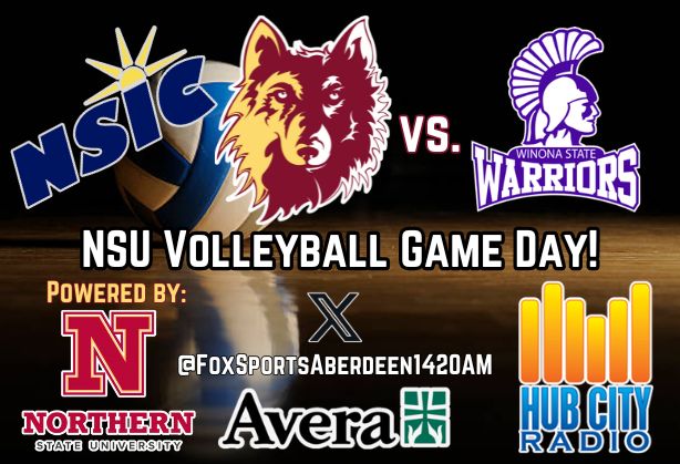 It's Northern State University Volleyball Game Day!
@NSUWolves_VB vs. Winona State Warriors
NSIC Match.
First serve at 2p.
📹ow.ly/Y5ia50WENsi
🎙️@The_Cobra66
📍Barnett Center (Wachs Arena)