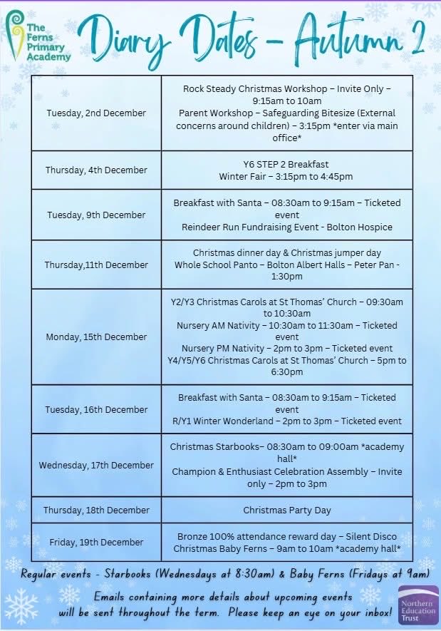 🎄 We’ve got a jam-packed Autumn 2 term calendar, full of exciting events and activities — there’s something for everyone to enjoy! 🍂

Let’s make the rest of this year one to remember!