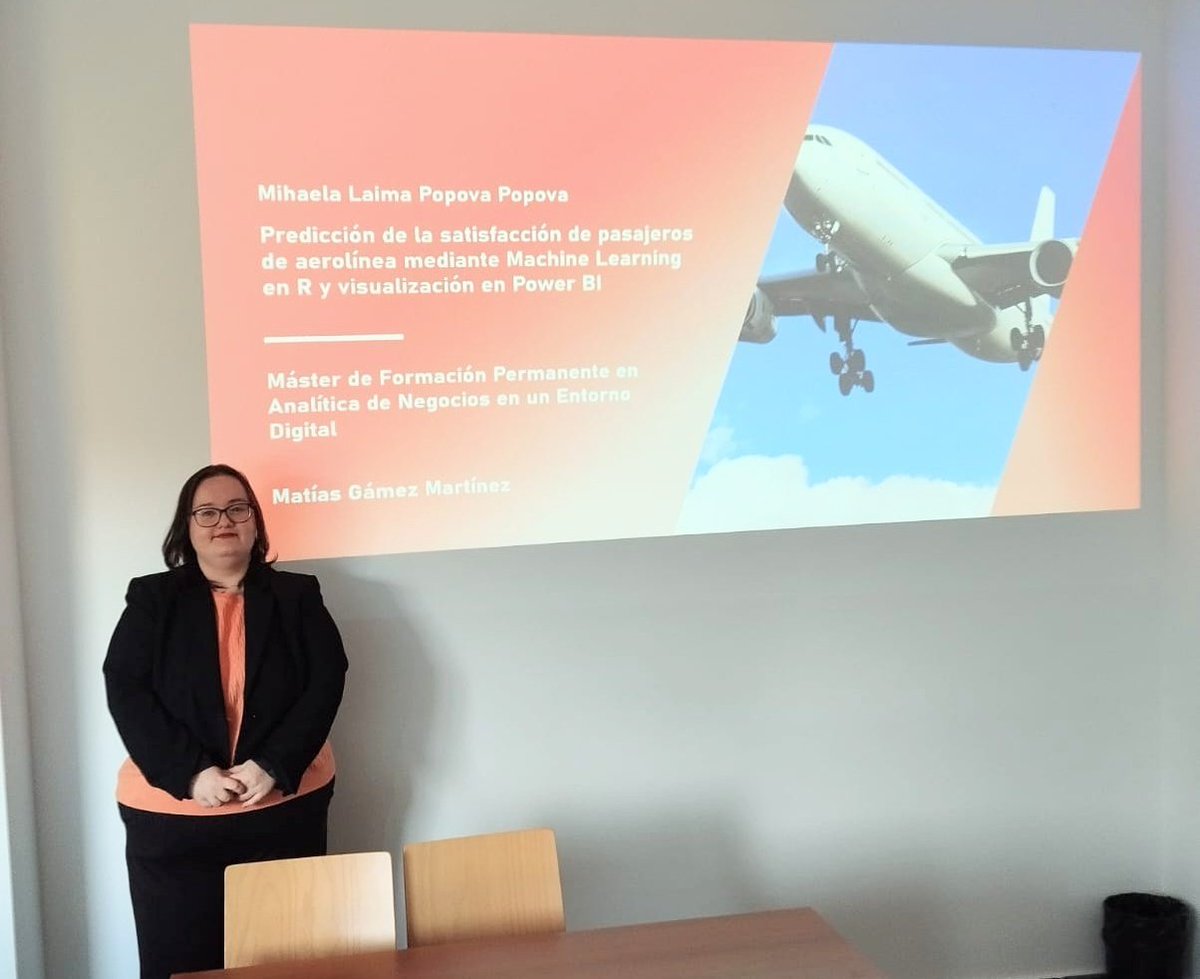 Excelente el TFM y la presentación de <a href="/mihaelalaima/">✨</a>. Ha realizado un modelo de Machine Learning en R para  la predicción de la satisfacción de los pasajeros de aerolíneas y, además, ha modelizado los resultados en Power BI (inteligencia d negocios) para su visualización ¡Bravo!👏🏻