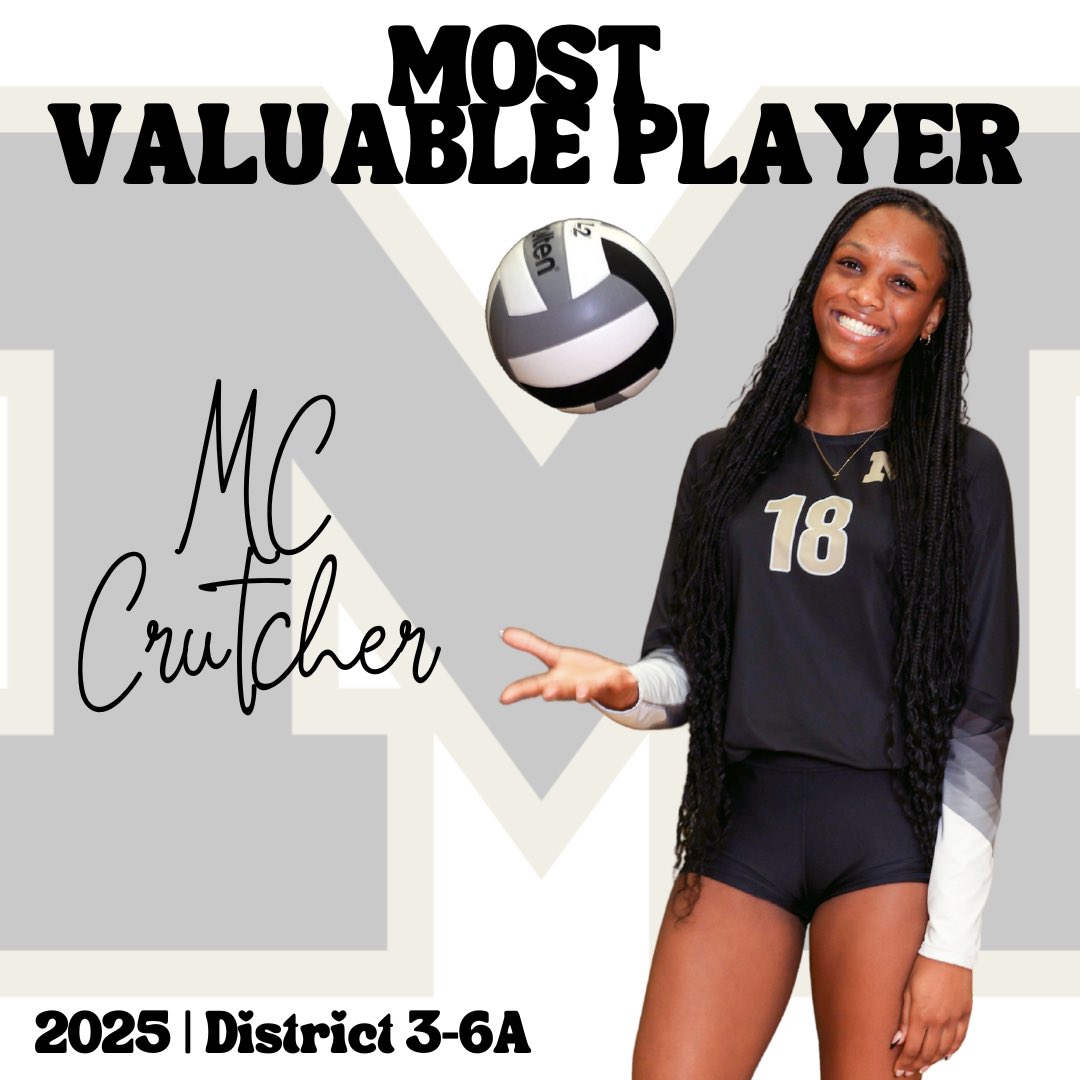 Congratulations to MC Crutcher for being named District 3-6A MVP! With stellar freshman season numbers - 534 kills, 93 aces, and 318 digs, as well as 3 tournament MVP honors in preseason - this is a well-deserved recognition! #shesafreshman #mhsvb2025