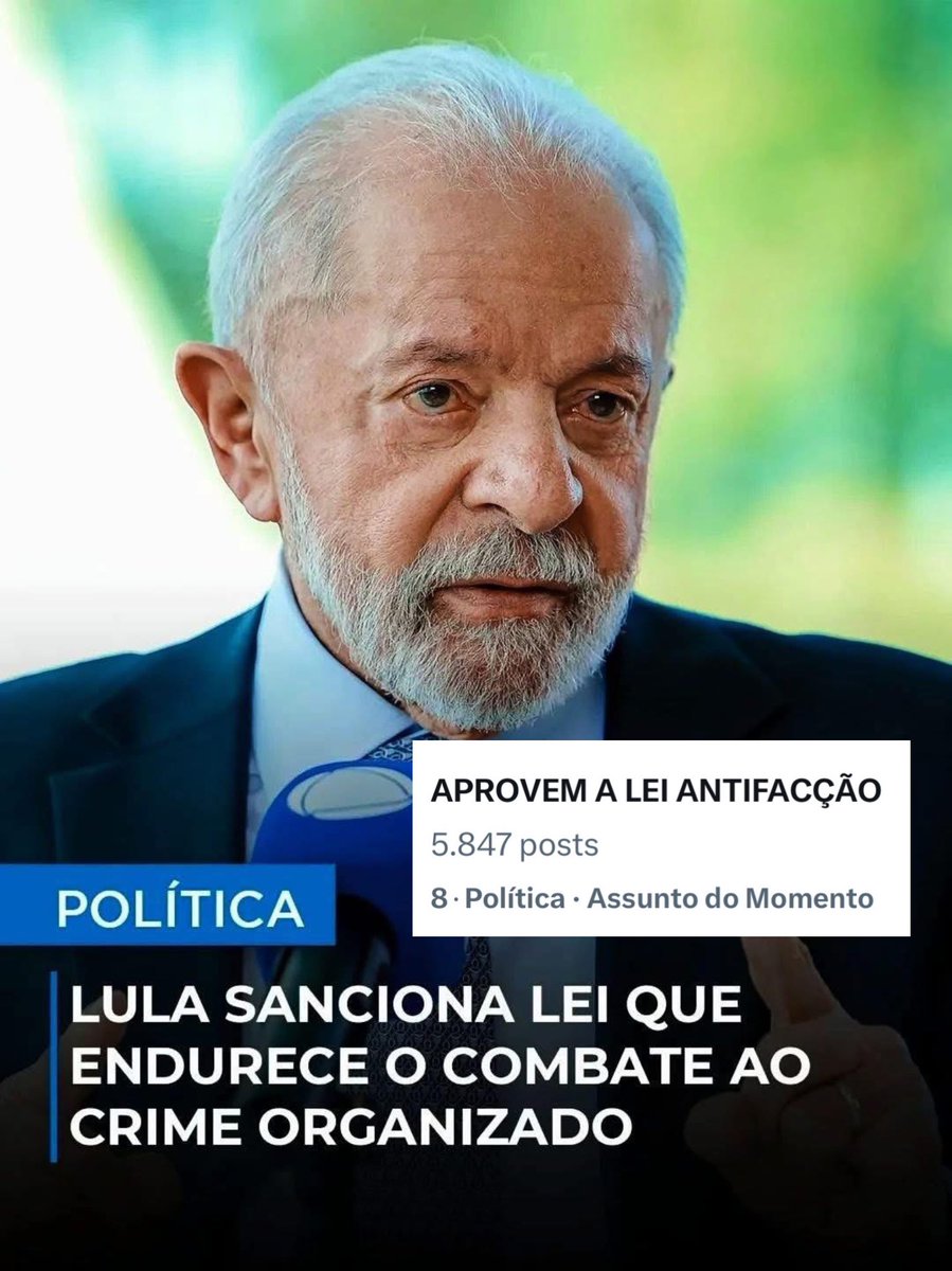 🚨 Nossa tag tá bombando entre os assuntos mais comentados! O povo quer que o Congresso aprove a Lei Antifacção e a PEC da Segurança, assinadas por Lula. 

Chega de hipocrisia da extrema direita! Não vamos deixar os mesmos bolsonaristas da PEC da Bandidagem sabotarem essa vitória