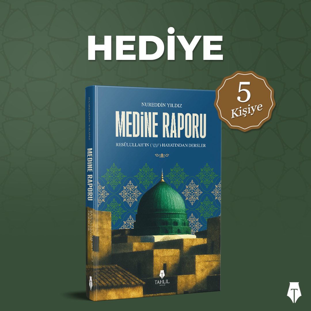 Bu twiti paylaşıp bizi takip edenler arasından 5 kişiye Nureddin Yıldız’ın Medine Raporu - Resulullah’ın Hayatından Dersler kitabını hediye ediyoruz.