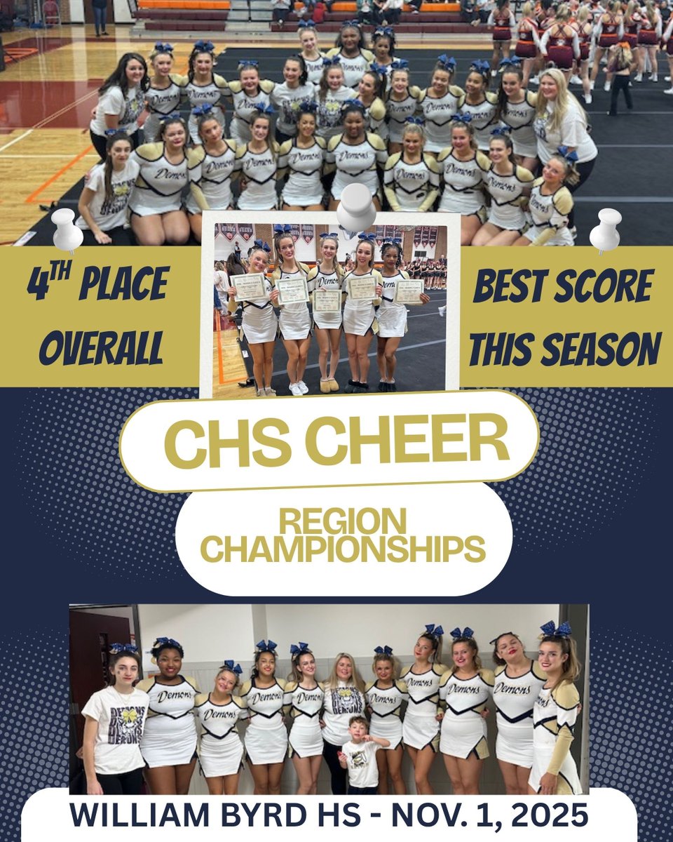 🏆 Blue Demon Competition Cheer Shines at Region 3D Championships! 💙💛

Our CHS Competition Cheer team finished 4th overall, earning their highest score of the season! 🙌
CONGRATS  to our 5 All-Region Cheerleaders 👏🔥