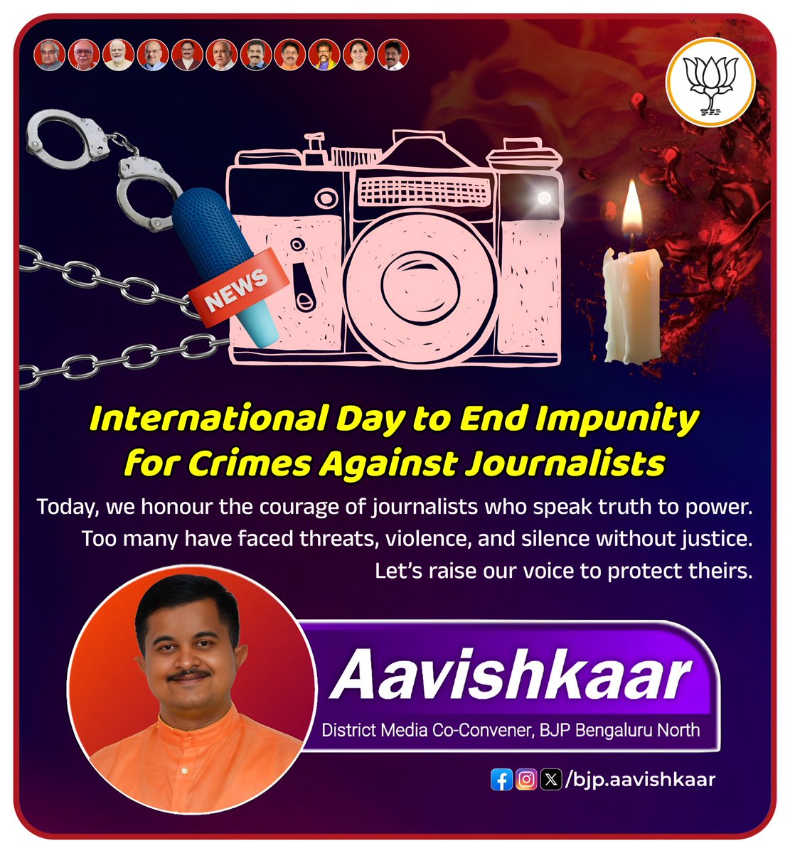bjp_aavishkaar's tweet image. International Day to End Impunity for Crimes Against Journalists

Today, we salute journalists who bravely speak truth and defend democracy.

#Aavishkaar | #SpeakUpForTruth | #PressFreedomMatters | #BJP