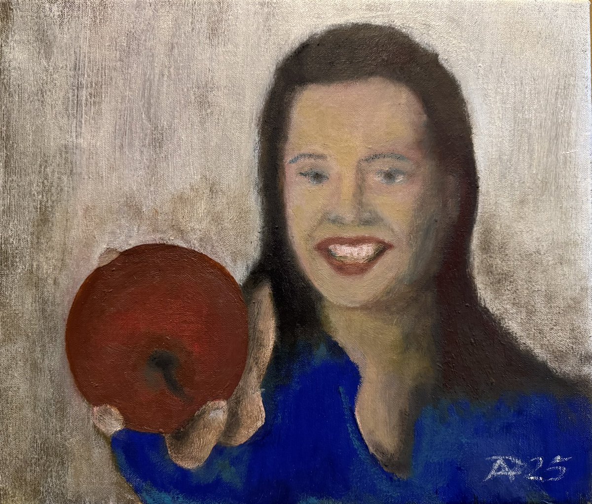 PistoTapio's tweet photo. ”Tyttö tarjoaa omenaa” 30cm x 35cm, oil on canvas, October 2025 https://t.co/dgrlH3QKA2