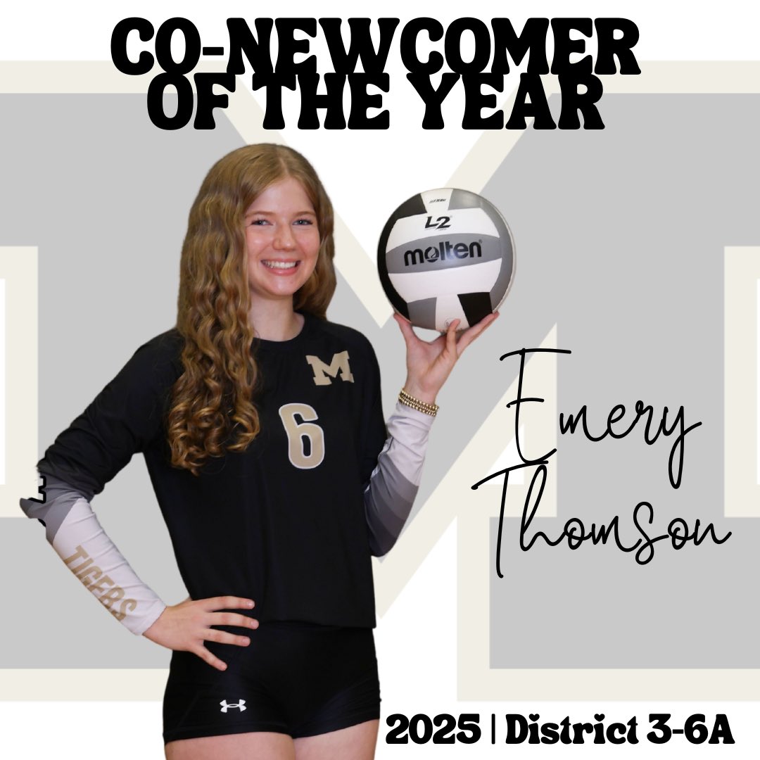 Congratulations to Emery Thomson for being named District 3-6A Co-Newcomer of the Year! She has had a banger of an inaugural season on varsity- 582 assists and 231 digs - super proud of this one! #shesasophomore #mhsvb2025