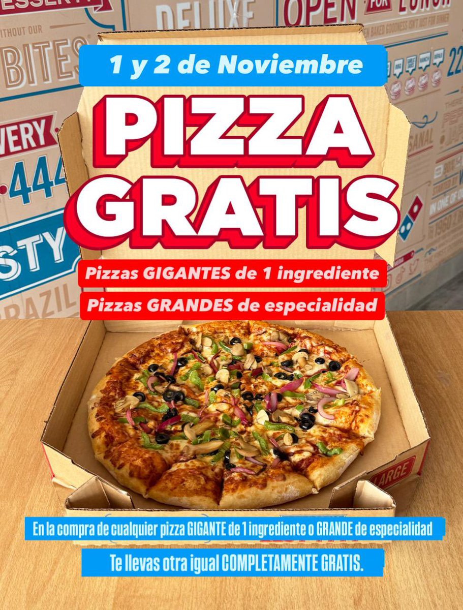 PIZZA GRATIS TODO EL FIN DE SEMANA 🤯🍕

¡Sí, leíste bien! 😍
Disfruta el sabor de siempre con nuestra promo PIZZA GRATIS, porque cuando pedís una… ¡te llevás otra sin pagar más! 🤩

👉 2x1 en Pizza Gigante de 1 ingrediente
👉 2x1 en Pizza Grande de Especialidad 

📞2254-4444