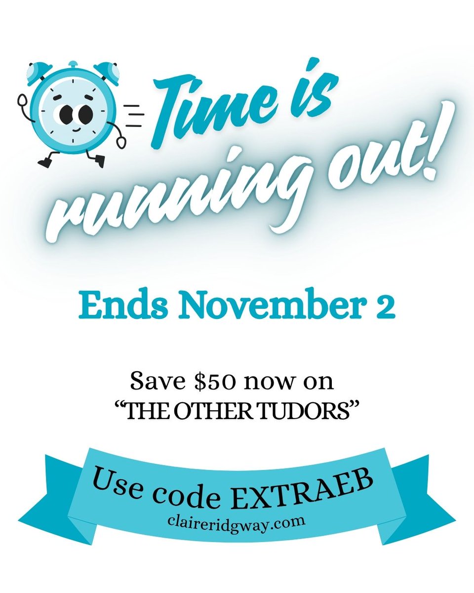 Time’s almost up! 
Save $50 when you join The Other Tudors, my 9-day online event uncovering the forgotten figures who shaped the Tudor world. 
Use code EXTRAEB before the early bird ends tomorrow! 
claireridgway.com/events/the-oth…