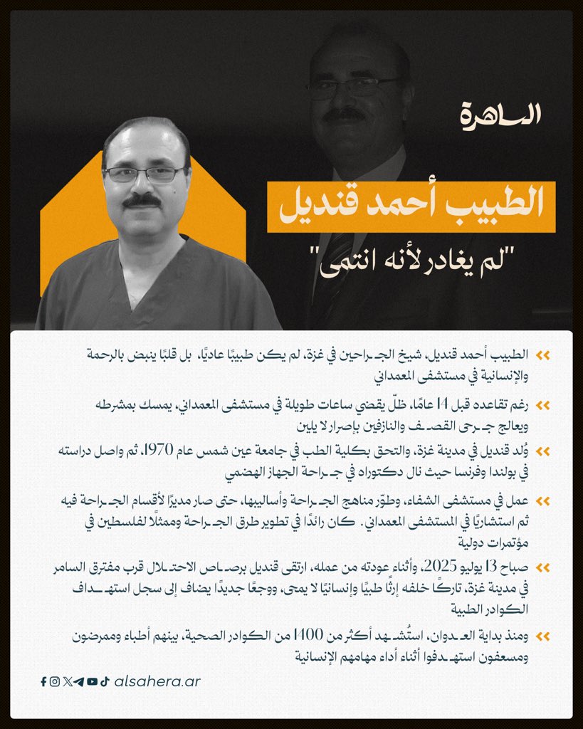 ارتقى الطبيب أحمد قنديل برصاص الاحتلال في مدينة #غزة، تاركًا خلفه إرثًا طبيًا وإنسانيًا لا يمحى، ووجعًا جديدًا يضاف إلى سجل استهداف الكوادر الطبية.