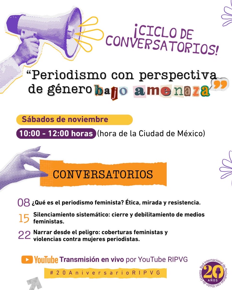 #20AniversarioRIPVG #MujeresPeriodistas
📣 La #RIPVG cumple 20 años. Agenda este ciclo de conversatorios sobre los retos que enfrentamos las periodistas ante amenazas al periodismo con perspectiva de género.
🗓️ 8, 15 y 22 nov
🕙 10:00–12:00 hrs (CDMX)
🔴 #EnVivo YouTube RIPVG