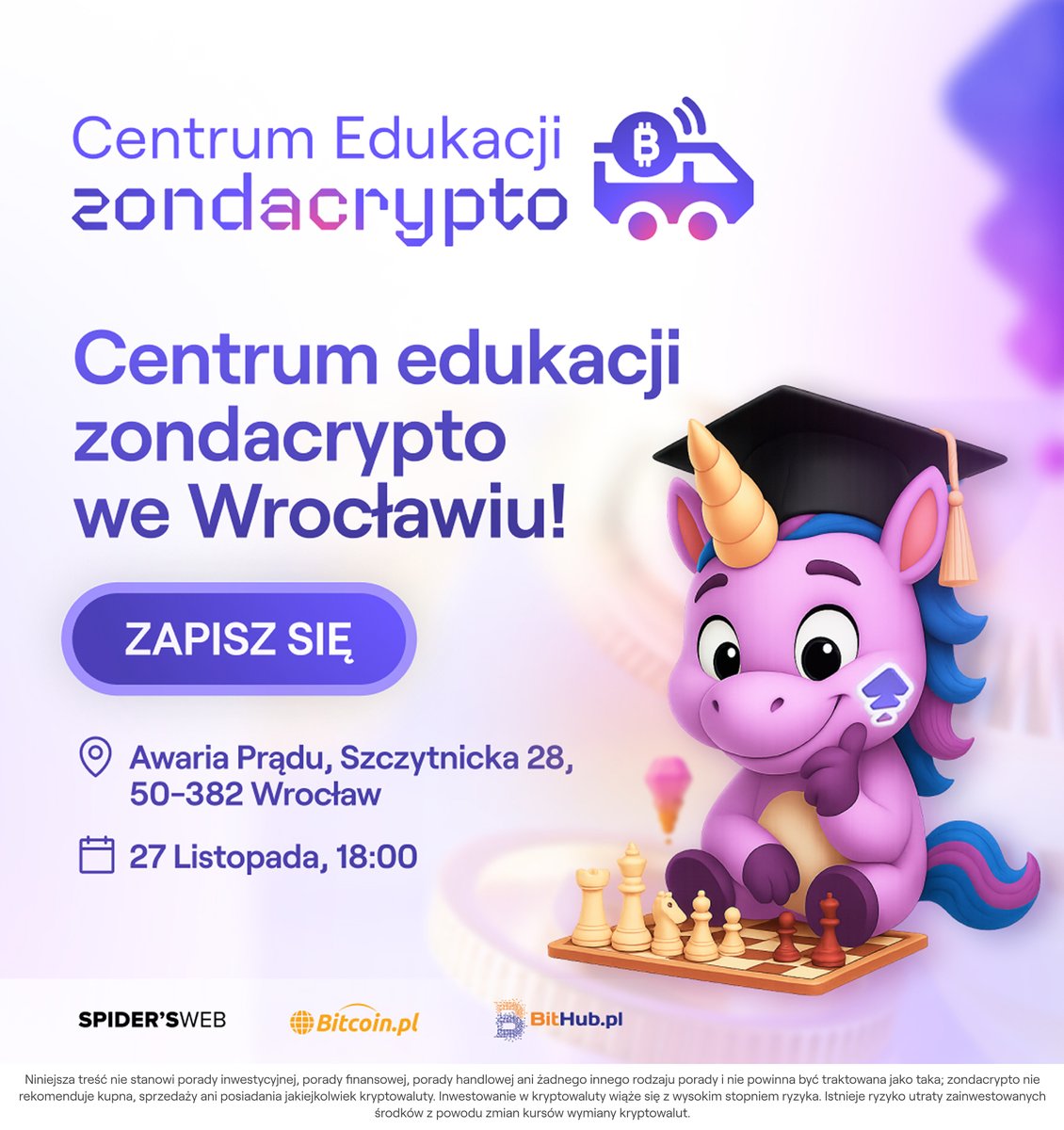 W listopadzie Centrum Edukacji zondacrypto zawita do Wrocławia! Czas na jeszcze więcej wiedzy o krypto! Nie udało Ci się być na poprzednich edycjach? To idealna okazja, by dołączyć!

Czeka na Ciebie ekscytujące wydarzenie, pełne wykładów, quizów, fantastycznych nagród i