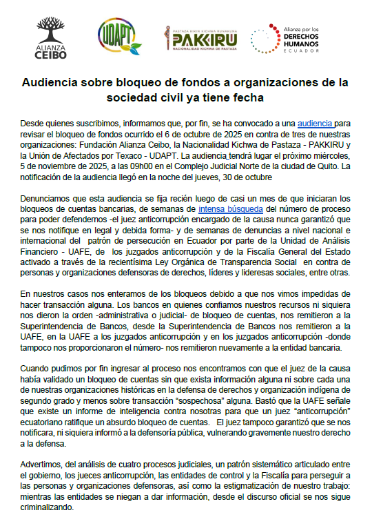 udapt_oficial's tweet photo. Pronunciamiento público de la @udapt_oficial @AlianzaCeibo @pakkiru_org  y @DDHH_Alianza ante la Audiencia judicial sobre ilegal y abusivo bloqueo de fondos a organizaciones de la sociedad civil https://t.co/8E0ethCKga