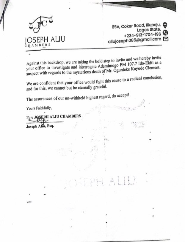 mrjosephaliu's tweet photo. We have written a petition and invited the Ekiti state police command to investigate @adamimogo1071fm consequent upon their flagrant defiance and total disregard to produce the entry and exit details of Clement Ogunleke,a former staff of the organization who had died mysteriously https://t.co/Q4b7atPA9q