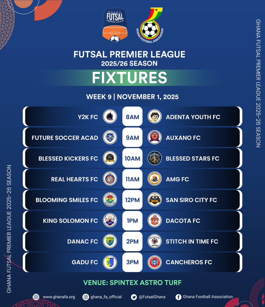 ⚡ Matchday 9 is here!

#FutsalPremierLeague 🏆
#GPLFutsal | #Matchday5 | #FutsalGhana