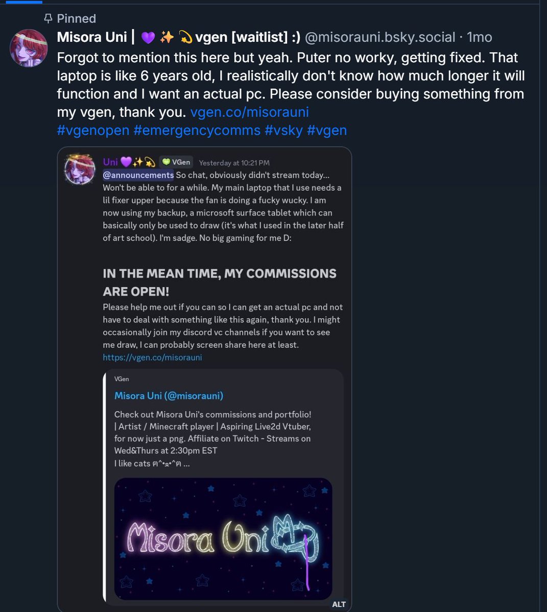 MisoraUni's tweet image. Just gonna drop this here too cuz I forgot. (really need to start crossposting stuff like this between socials) (But heyyy update, they got the part and puter is in queue to be fixed finally)