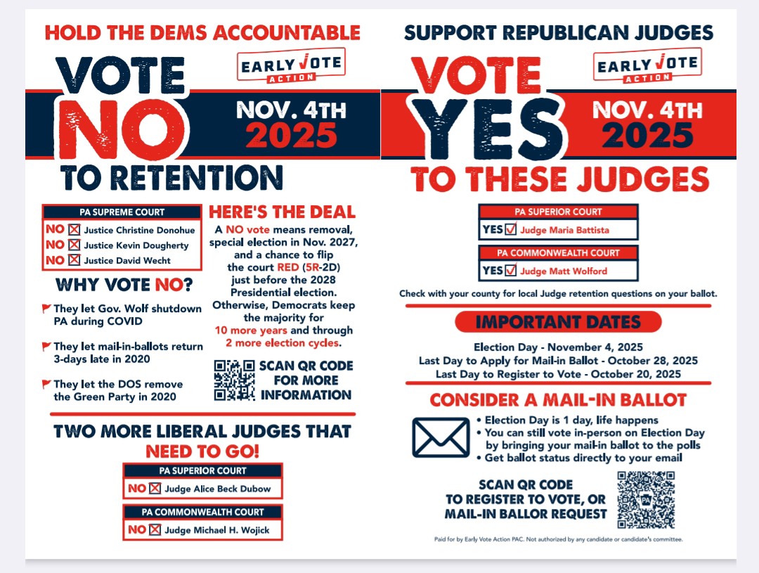 It's amazing to me.

We have the votes.

All we need to do is show up.

If Republicans turn out and vote NO this Tuesday the 4th, we will make history.

We will fire three sitting Liberal PA Supreme Court justices: Donohue ❌️, Dougherty ❌️, and Wecht ❌️

<a href="/EarlyVoteAction/">Scott Presler's Early Vote Action</a>