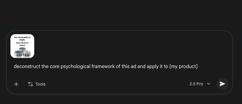 here's how to steal from outside ur niche in 2 mins:

- find a winning ad from a completely unrelated niche
- upload it to gemini
- prompt: "deconstruct the core psychological framework of this ad and apply it to [my product]"
- that's it

congrats you just unlocked angles your